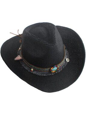 Unisex Black Straw For Wide Brim Fedora Summer Sun Cowboy Cowgirl Western Hat